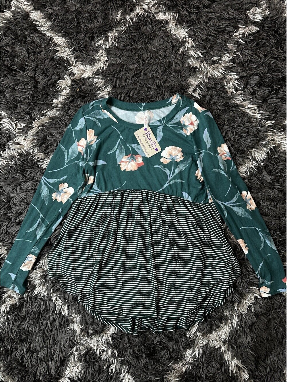 NWT My Story Womens Medium Green Floral Striped Babydoll Long Sleeve Top